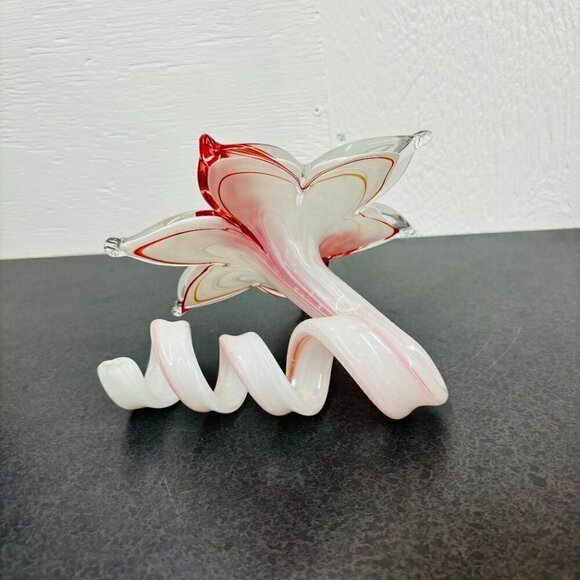 VTG MURANO Art Glass Flower Decor Art Orange & White Spiral Stem Hand blown - Picture 4 of 8